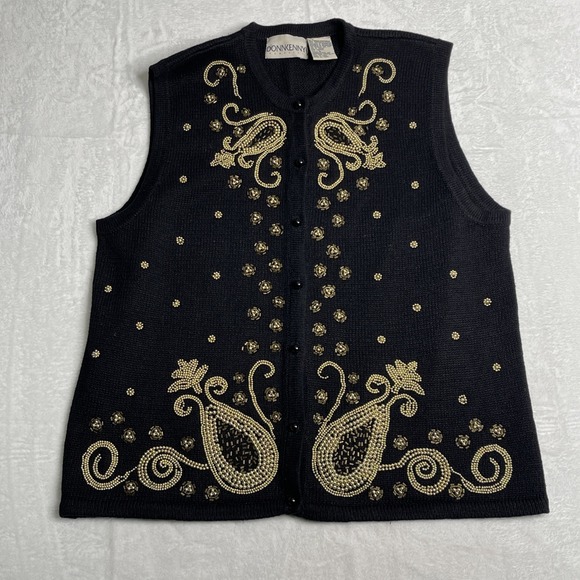 Donnkenny Sweaters - Vtg Donnkenny Embroidered Button Vest Sweater Womens L Beads Pockets Party Y2K